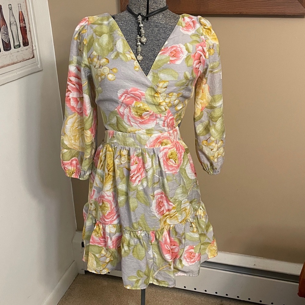 Express Floral Wrap Mini Dress in Pink, Yellow & Green